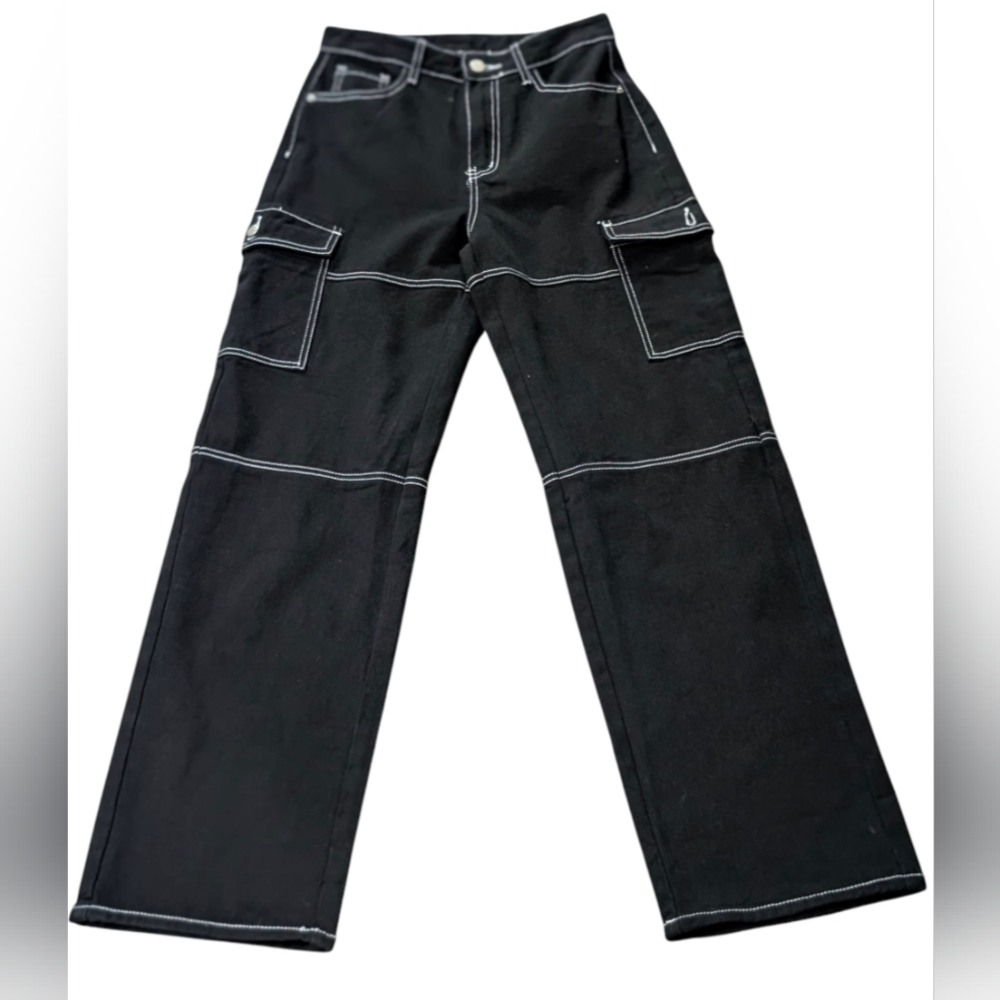 Black Cargo Pants with White Stitching Size SM